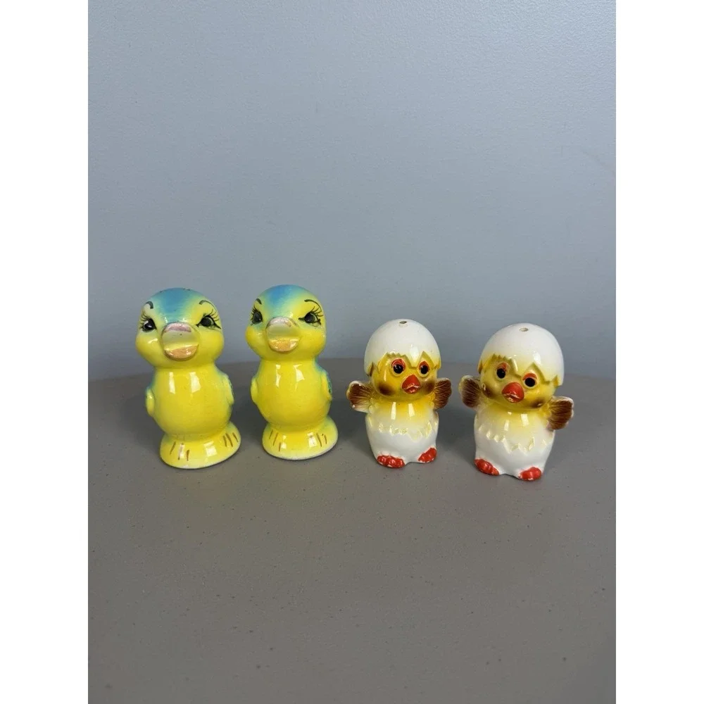 Vtg Blue Bird Japan Salt and Pepper Shakers and Baby Chick in Egg Shakers